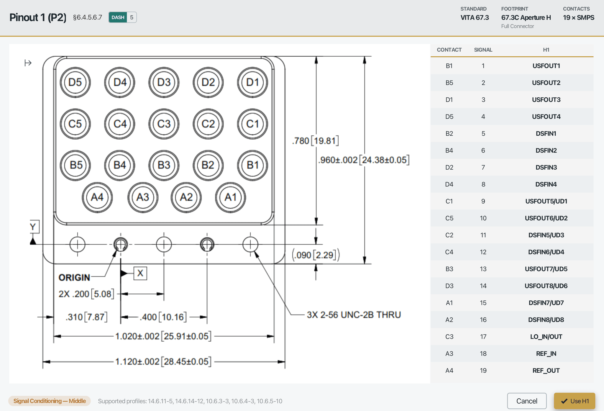 AMPS Whiz connector pinout reference, the standard figure with its contact and signal table